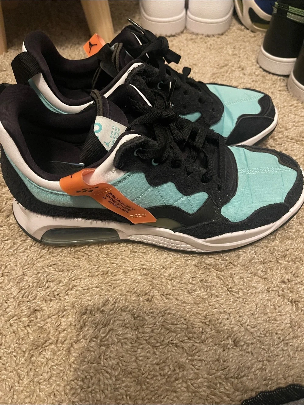 Jordan Men's Sneakers in Teal, Black & White with Orange Tag